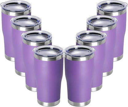 DOMICARE 20oz Tumbler with Lid Stainless Steel Tumblers Bulk, Double Wall Vacuum Insulated Coffee Travel Mug Powder Coated Tumbler, 8 Pack Purple