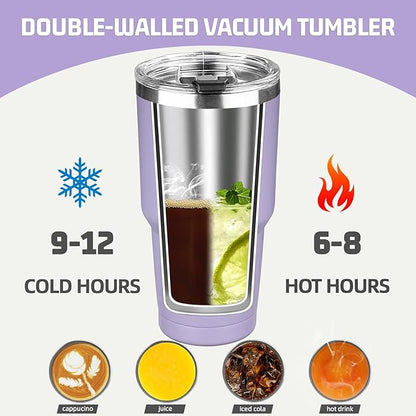 30 oz Tumbler with Lids and Straws, Stainless Steel Insulated Coffee Tumbler, Double Wall Vacuum Insulated Travel Mug Cup, Leakproof Thermal Coffee Cup for Hot and Cold Drinks (Light Purple)
