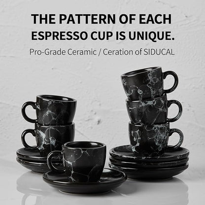 SIDUCAL Espresso Cups Set of 6,2 Ounce Ceramic Coffee Cups with Saucers,Porcelain Double Espresso Shot Cup Set,Gift Box for Boyfriend Gift(Black)