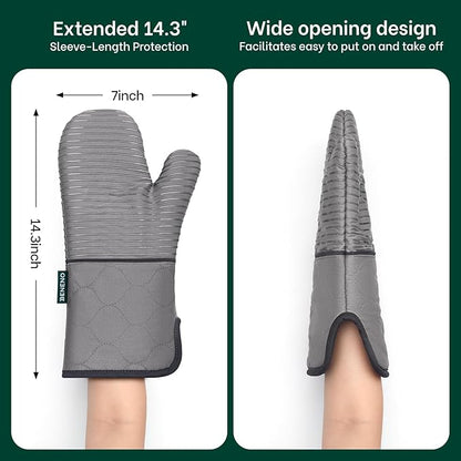 Beneno Kitchen Oven Mitts 2-Pack Heat Resistant to 500°F with Non-Slip Silicone Grip, Extra Long 14.3" Forearm Protection, Soft Quilted Cotton Terry Lining, Ideal for Cooking, Baking, Grilling, Gray