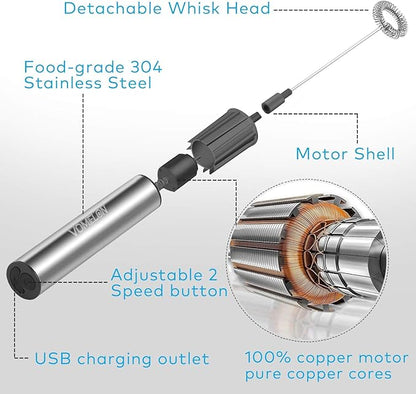 Rechargeable Milk Frother Handheld Electric Frother Wand Milk Foamer Drink Mixer for Coffee, Lattes, Cappuccino, and Egg, Stainless Steel for Travel-Silver