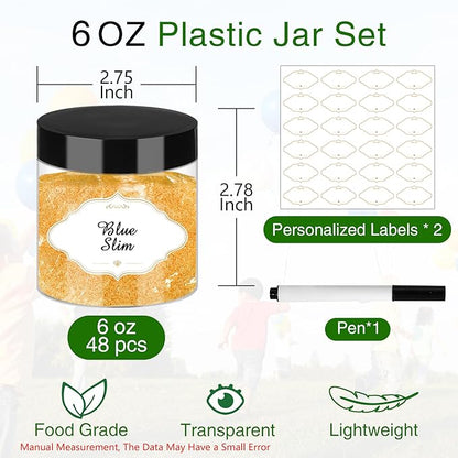 Plastic Jars with Lids, 48 Pcs 6 OZ Slime Containers with Screw On Lids Clear Round Plastic Storage Jars Refillable Container Jar for Travel Storage Home Kitchen Food
