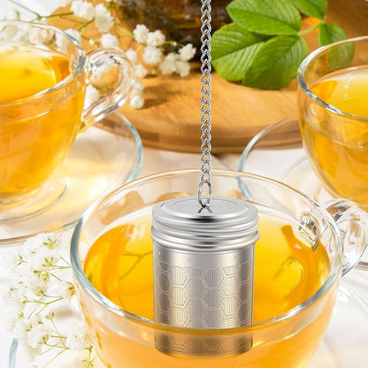 Tea Infuser Strainers with Drip Tray 304 Stainless Steel Tea Filter Strainer with Chain Hook Fine Mesh Tea Infuser Steeper Reusable Tea Strainers Easy to Use for Loose Tea Mulling Spices (Silver 4PCS)