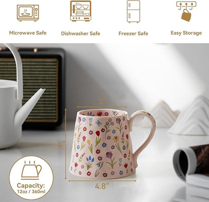 12 oz Ceramic Coffee Mug - Gift for Women & Girls - Cute Pink Coffee Cup w/Unique Design, Perfect for Home, Office, Tea, Latte, Milk - Ideal Present for Friends (Pink)