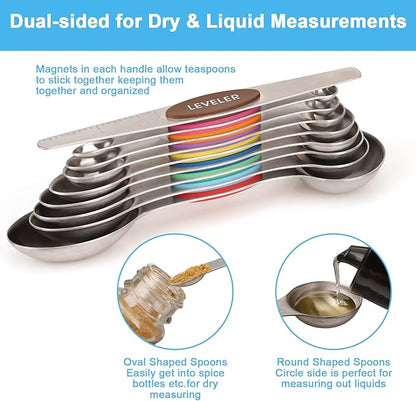 Aovchei 9 PCS Magnetic Measuring Spoons Set, Dual Sided, Stainless Steel Small Tablespoon, Teaspoons, Fits in Spice Jars, for Dry and Liquid, MultiColor