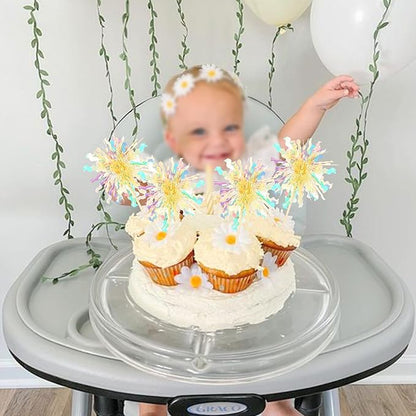 30 PCS Foil Firework Cupcake Toppers Sparkle Tinsel Cupcake Picks Happy Birthday Cake Decorations Drink Stirrers Cocktail Food Fruit Toothpicks for Baby Shower Graduation Party Supplies Yellow