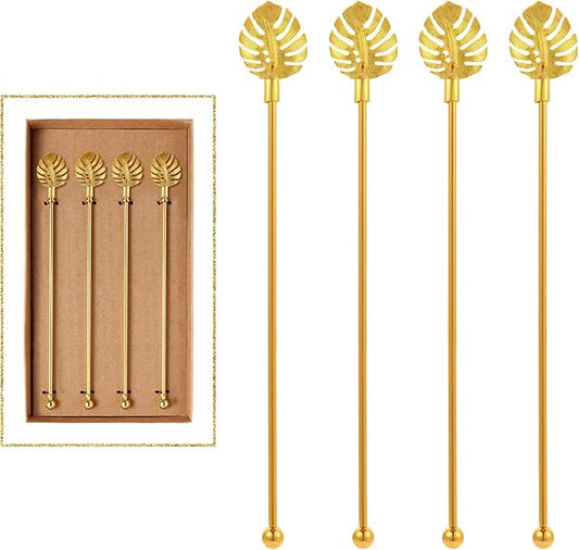 Stainless Steel Coffee Beverage Stirrers Stir Cocktail Drink Swizzle Stick with Palm leaf Metal Top,4PCS GOLD stirrer