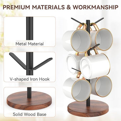 Coffee Mug Tree Holder Countertop, Non-Slip Walnut Wood Mug Rack with 6 Hooks, Coffee Cup Rack for Home Storage and Organizer (Brown)