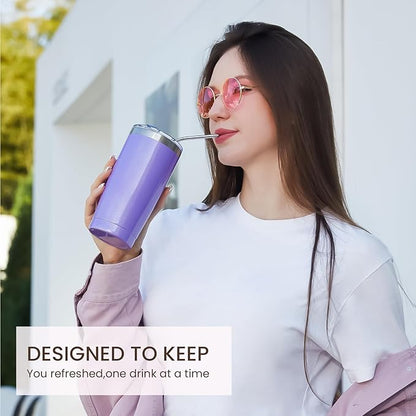 MEWAY 20oz Tumbler 2 Pack Double Wall Vacuum Insulated Travel Glitter Mug Bulk, Stainless Steel Tumblers with Lid and Straw, Powder Coated Coffee Cups for Woman(Rainbow Purple,Set of 2)
