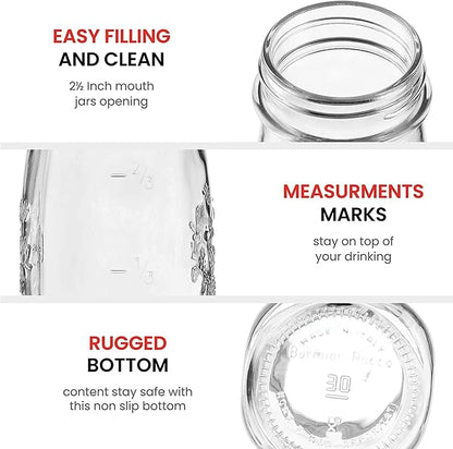 Bormioli Rocco Quattro Stagioni Small Bottles, Set of 6-6.75 Oz. Embossed Reusable Glass Jars with Airtight Lid, For Food Prep, Sauces, Gifts & Crafts - Round Bottle Containers, Made in Italy