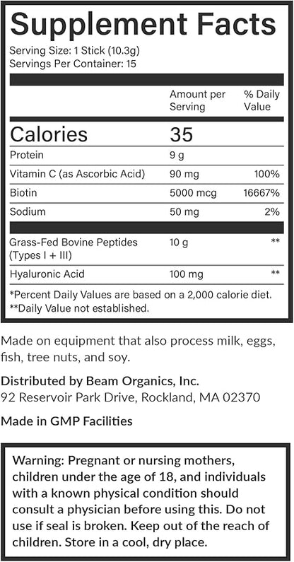 Beam Collagen Powder, Collagen for Women, Collagen with Hyaluronic Acid, Collagen Peptides Type 1 and 3, with Biotin, Grass Fed Bovine, Third-Party Tested, Best for Coffee, Vitamin C, 15 Servings