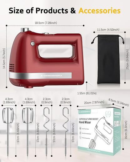 Electric Hand Mixer, Powerful 300W Hand Mixer Electric Handheld with 304 Beaters, Dough Hook, Hand Held Mixer with Turbo for Baking Cakes, Eggs, Cream Food(Red)
