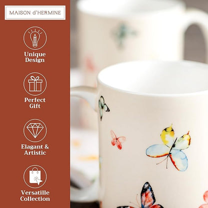 Maison d' Hermine Coffee Mug with Handles Fine Bone China Mugs Pack of Two Tea Cups for Hot Beverages Cappuccino Latte Home Restaurant Office Perfect for Gift (Botanical Fresh, 12 Ounce)