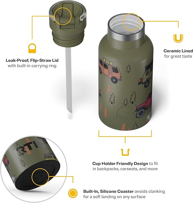 RTIC Little Journey Bottle with Straw, Insulated, Stainless Steel, Metal, Double Wall Vacuum-Insulation, Ceramic-Lined, Leak-Proof Lid, BPA-Free Water Flask for Sports, Travel, Happy Camper