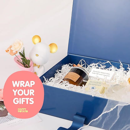HAPPY POTATO Large Gift Box with Lids and Ribbon 13.5x9x4.1 Inches, Groomsman Proposal Box, Magnetic Blue Gift Box for presents (Glossy Blue)