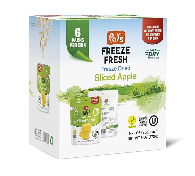 Pol’s Freeze Fresh - 6 Pack Sliced Freeze Dried Apples (1 Oz Each), Non-GMO, Kosher, No Added Sugar, Gluten-Free, Vegan, Single-Serve Packs