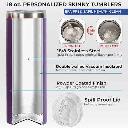 Personalized Skinny Tumbler Gift by iProductsUS. Stainless Steel with Spill-Proof Slider Lid and Straw - Customized Vacuum Insulated Holaday Mug. Several Designs and 10 Colors 20oz (Light Purple)