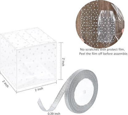 Ocmoiy 2x2x2 Inches Macaron Boxes for 2, White Polka Dot, 50 PCS Small Clear Favor Cube Boxes with Silver Ribbons for Wedding Baby Shower Birthday Party Supplies