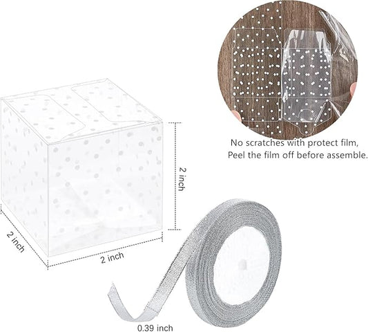 Ocmoiy 2x2x2 Inches Macaron Boxes for 2, White Polka Dot, 50 PCS Small Clear Favor Cube Boxes with Silver Ribbons for Wedding Baby Shower Birthday Party Supplies