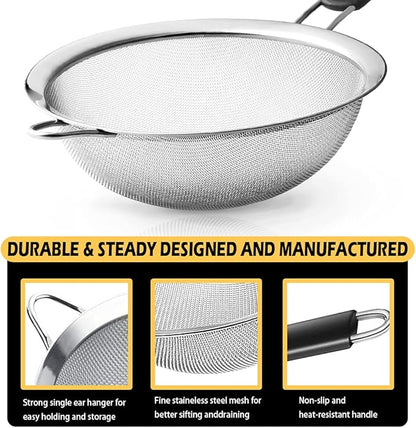 Stainless Steel Fine Mesh Strainers, Set of 3 Sizes Strainer for Kitchen, Wire Sieve with Insulated Handle Kitchen Strainer, Baking Tools Colander, Food Preparation, Flour Sifter, Rice, Pasta Strainer