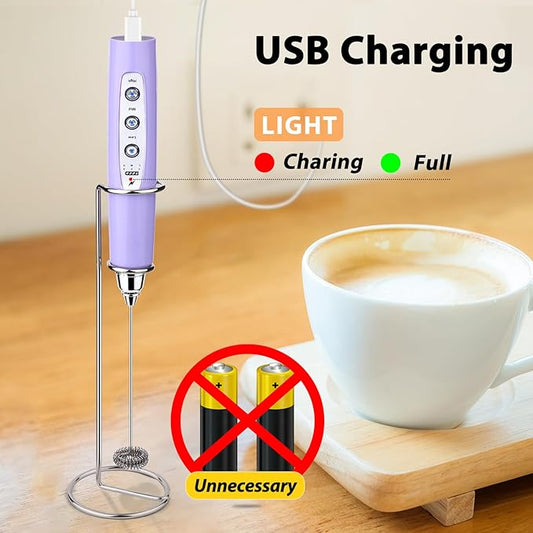 Milk Frother with Stand Rechargeable- Handheld Coffee Frother with 3 Stainless Whisks 3 Speed Adjustable, Electric Whisk Drink Mixer, Foam Maker Blender for Matcha Latte Cappuccino Chocolate