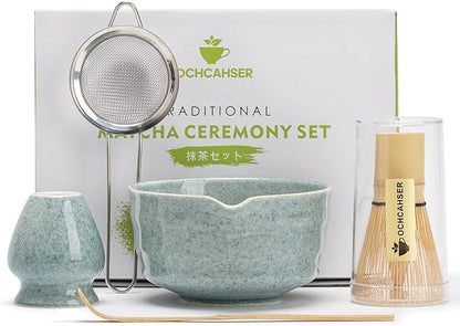 Matcha Set, Matcha Whisk Set Includes Matcha Bowl, Matcha Whisk Holder, Bamboo Matcha Whisk, Scoop and Matcha Sifter, 17 oz Mottled Blue Glaze Ceramic Matcha Kit for Tea Lovers