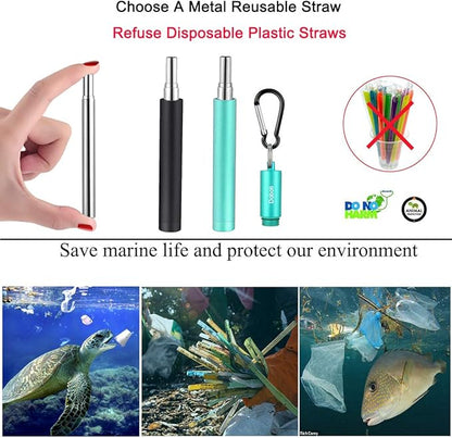 2 Pack Reusable Metal Straws Collapsible Stainless Steel Drinking Straw Travel Portable Telescopic Straw with Case,2 Cleaning Brushes Included Black/Turquoise