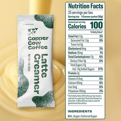 Copper Cow Coffee Sweetened Condensed Milk Coffee Creamer Singles (25 pack) | Vietnamese Inspired Coffee Creamer, All Natural Creamer Packets for Pour Overs & Lattes | No Refrigeration Needed