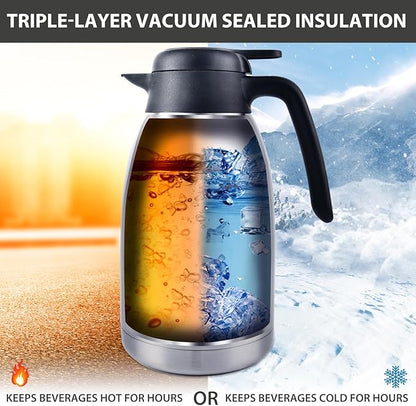 Heritage66 Thermal Coffee Carafe -Triple Wall Vacuum insulated Flask- Thermos keeping Beverages Hot for 12 hours /24 hours cold Tea, Water, and Coffee Dispenser (2 Liter/68Oz with Brush)