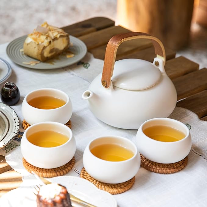 ZENS Modern Japanese Tea Set, 27 oz Ceramic Japanese Teapot with Fine Stainers and 4 Cups for Loose Leaf Tea Steeper, Wood Handle Matte Japanese Teapots Hot Tea Brewer for Tea Party Women Gifts