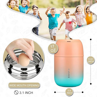 Insulated Food Container 17 oz Soup Thermo for Hot Food Adults, Stainless Steel Vacuum Lunch Box with Folding Spoon, Adult Kids Thermo Portable with Handle for School, Office, Outdoor