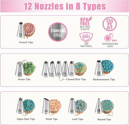Cake Decorating Supplies Kit Tools 255pcs, Cake Decorating Set with Cake Turntable, 12 Numbered Icing Piping Tips, Cookie Cutters, Icing Smoother & Other Accessories for Cake Decoration (255 PCS)