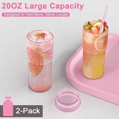Glass Cups with Lids and Glass Straws, High Borosilicate 20OZ Pink Tumblers (2Pcs) for Coffee, Tea, Juice, Smoothies, Hot & Cold Drinks at Home/Office