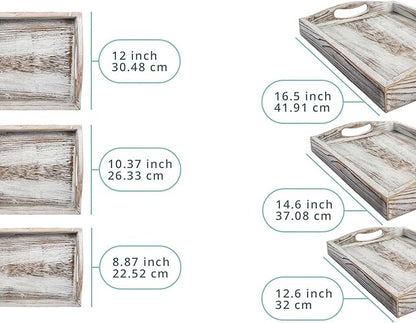 Serving Trays Set of 3 - Ottoman Wood Trays for Entertainment, Food and Décor - Rustic Farmhouse Distressed Wood Finish - Rustic White