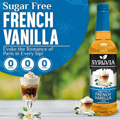 Syruvia Sugar Free Coffee Syrup, French Vanilla Flavored Syrup for Drinks, Lattes, and Desserts – 25.4 fl oz
