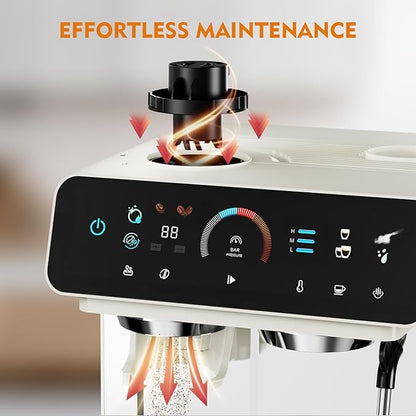 Espresso Machine with Grinder, 20 Bar Professional Espresso Maker with 19 Grind Sizes, Coffee Machine with Milk Frother, 2.8L Removable Water Tank for Latte & Cappuccino
