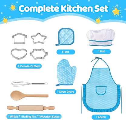 11 PCS Kids Chef Costume Set, Cooking & Baking Toys for Toddlers 3-8 with Adjustable Apron, Pretend Play Gift for Boys & Girls Birthday Xmas（Blue）