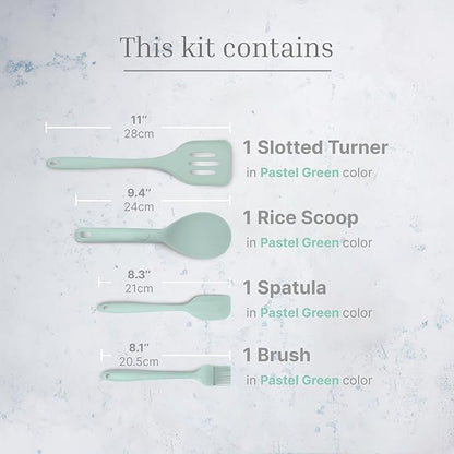 Silicone Utensils 4-Piece Set – Rubber Spatula, Pastry Brush, Slotted Turner, and Rice Paddle – Complete Heat-Resistant Set for Non-Stick Cookware – Kitchen Tools for Cooking and Baking – Pastel Green
