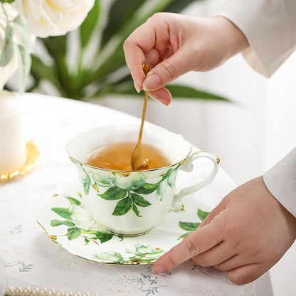 TATSUMI Country Roses Bone China Tea Cup and Saucer Set, 3 Pieces, Vintage Style, For Women and Tea Parties(Green,1 Set)