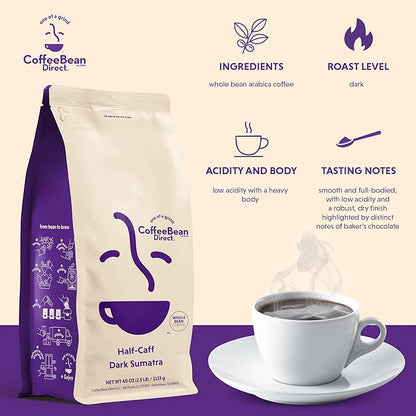 Coffee Bean Direct Half-Caff Dark Sumatra, Whole Bean Coffee, Dark Roast, 2.5 Pound Bag (Pack of 1)