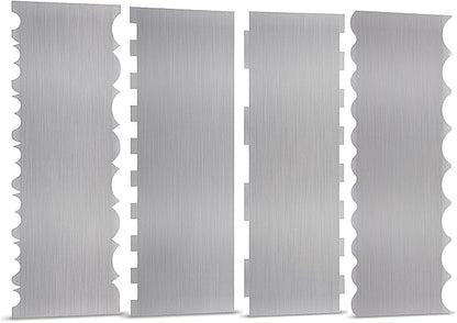 4 Pieces Stainless Steel Cake Scraper 10 Inch and Sided Patterned Edge Stripe Edge Smoother Scraper Cake Decorating Comb Cake Pastry Cutter for Mousse Butter Cream Cake Decoration