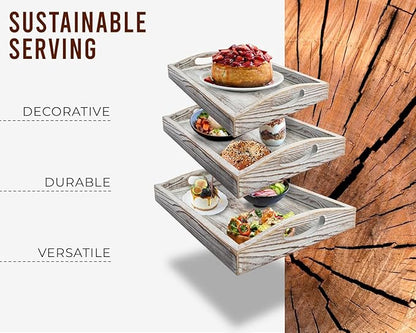 Serving Trays Set of 3 - Ottoman Wood Trays for Entertainment, Food and Décor - Rustic Farmhouse Distressed Wood Finish - Rustic White