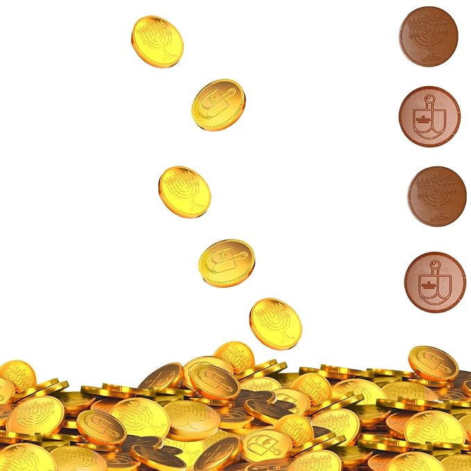 The Dreidel Company 100-Pack Chocolate Coins, Hanukkah Gelt, Gold Coins,With Dreidel and Menorah Designs Made with Belgian Ingredients, Gluten Free, Non GMO, Nut-Free, Kosher Certified