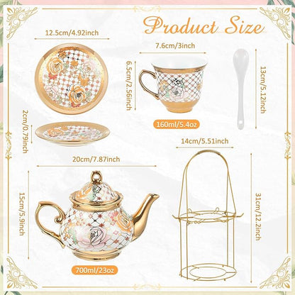 Zhehao 20 Pcs Porcelain Tea Set with Metal Holder and Spoon Adult Ceramic Tea Party Set European Flower Painting Teapot Cup Saucer Spoon Set for Women, Large Version(Delicate Style)