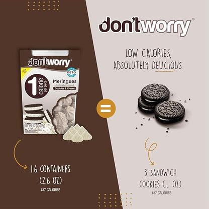 Don't Worry Low Calorie Meringue Cookies - 6 Pack - Cookies & Cream, Just 1 Calorie per Piece | Low Sugar Candy, Gluten Free, Protein Snacks | Keto Friendly and Healthy Snacks for Adults
