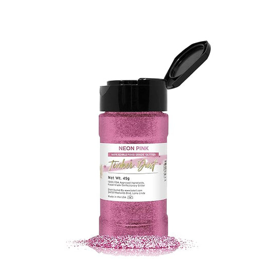 Neon Pink BAKELL Edible Glitter, 45 Grams | TINKER DUST Edible Glitter | KOSHER Certified | 100% Edible Glitter | Cakes, Cupcakes, Cake Pops, Drinks, Dessert Vegan Glitter & Dusts (45g Shaker, Neon Pink)
