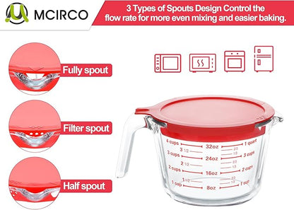 M MCIRCO 6 Pcs Glass Measuring Cups with Lids Set, 1-Cup, 2-Cup, 4-Cup Measuring Jugs with Handle, Nesting Liquid Measuring Cups for Kitchen