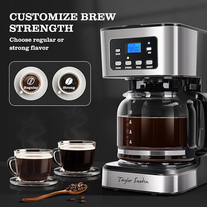 Taylor Swoden 12-Cup Programmable Coffee Maker, Regular & Strong Brew Drip Coffee Machine for Home and Office, Glass Carafe, Pause & Serve, Auto Shut Off, Black & Stainless Steel