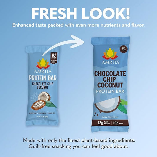 Amrita Nut Free Chocolate Chip Coconut Vegan Protein Bars (12 Count) | 12g Plant-Based Protein Bar | Peanut Free, Gluten Free, and Dairy Free | Low Sugar, High Fiber, Healthy School-Safe Snacks
