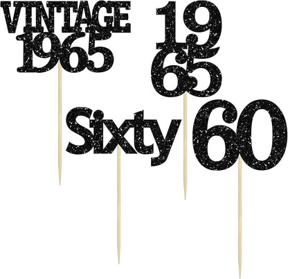 Gyufise 24Pcs Vintage 1965 Cupcake Toppers Cheers to 60 Fabulous Sixty Cupcake Picks Decorations for 60th Birthday Wedding Anniversary Party Cake Decorations Supplies Black